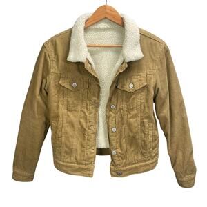 Y2k Brandy Melville Corduroy Sherpa Lined Trucker Jacket Tan Western Style Warm